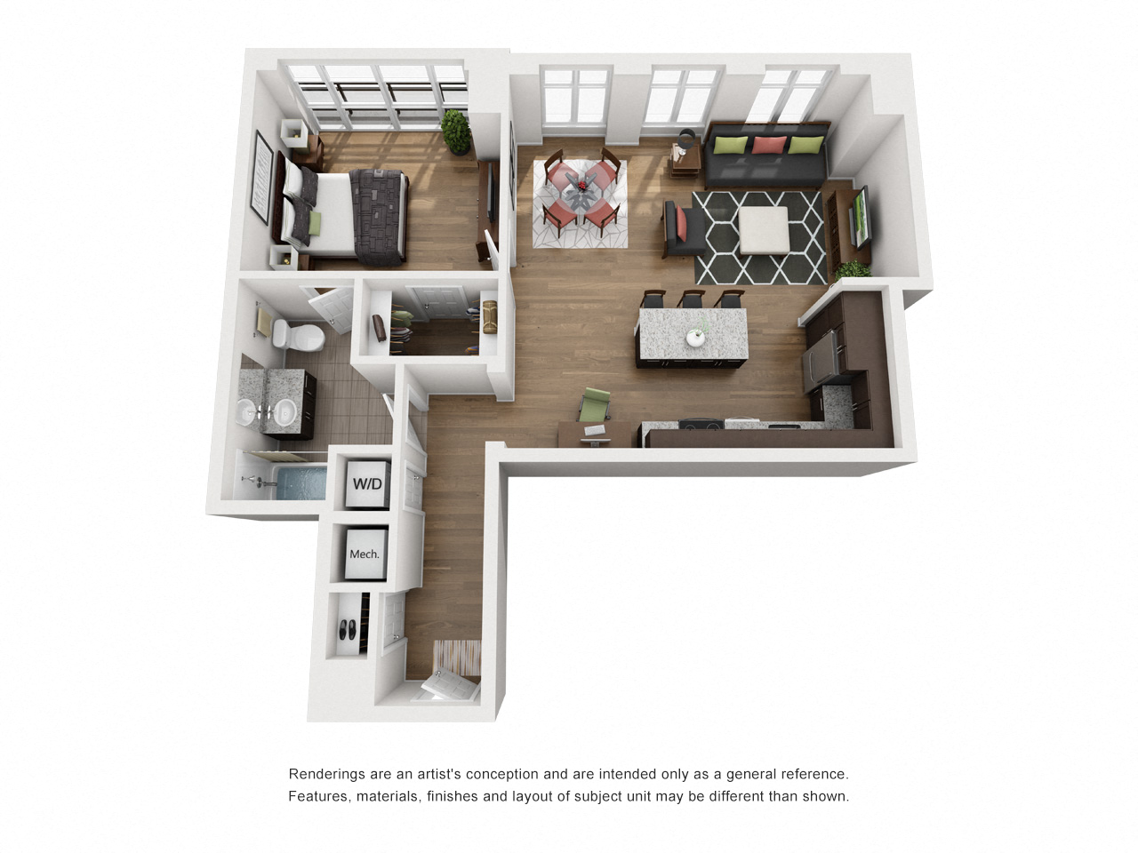 Floor plan for 1 bed, 1 bath, 860 sqft